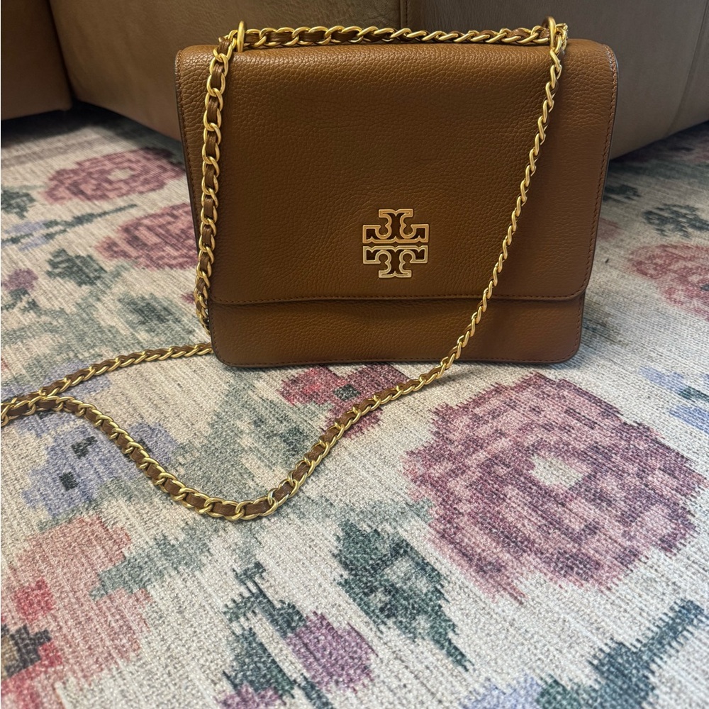Tory Burch Britten Moose Brown Gold Hardware Small Adjustable Shoulder Bag